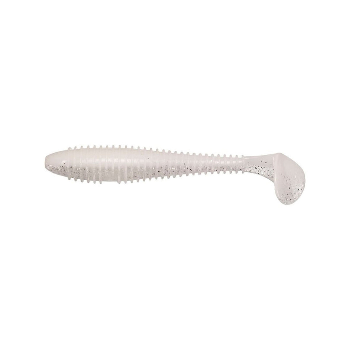 The Keitech Swing Impact Fat Swimbait 3.8" 6pk features soft, salted plastic in translucent white with a ribbed body and paddle tail, mimicking baitfish for effective fishing.