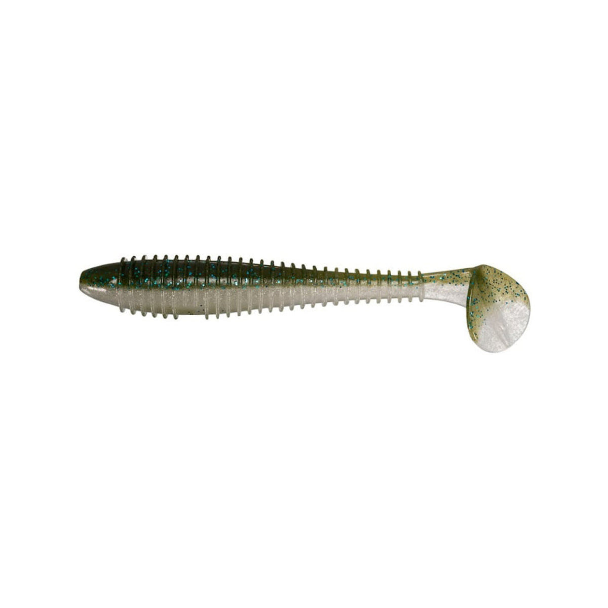 The Keitech Swing Impact Fat Swimbait 3.8" 6pk by Keitech features a ribbed body, paddle tail, greenish glitter color, and salted plastic design—perfect for enticing big bites.
