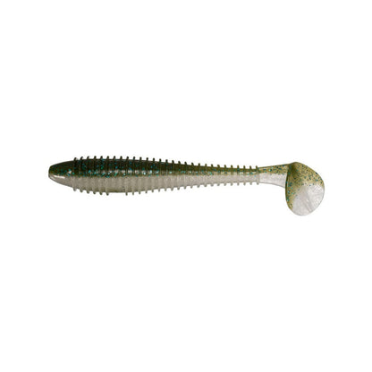 The Keitech Swing Impact Fat Swimbait 3.8" 6pk by Keitech features a ribbed body, paddle tail, greenish glitter color, and salted plastic design—perfect for enticing big bites.