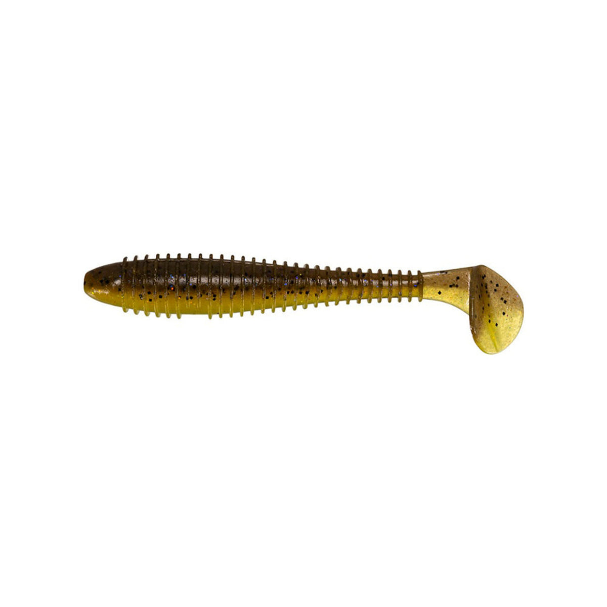 The Keitech Swing Impact Fat Swimbait 3.8" 6pk features a ribbed body, rounded paddle tail, and olive green color with black specks. This soft plastic salted swimbait by Keitech is shown on a white background.
