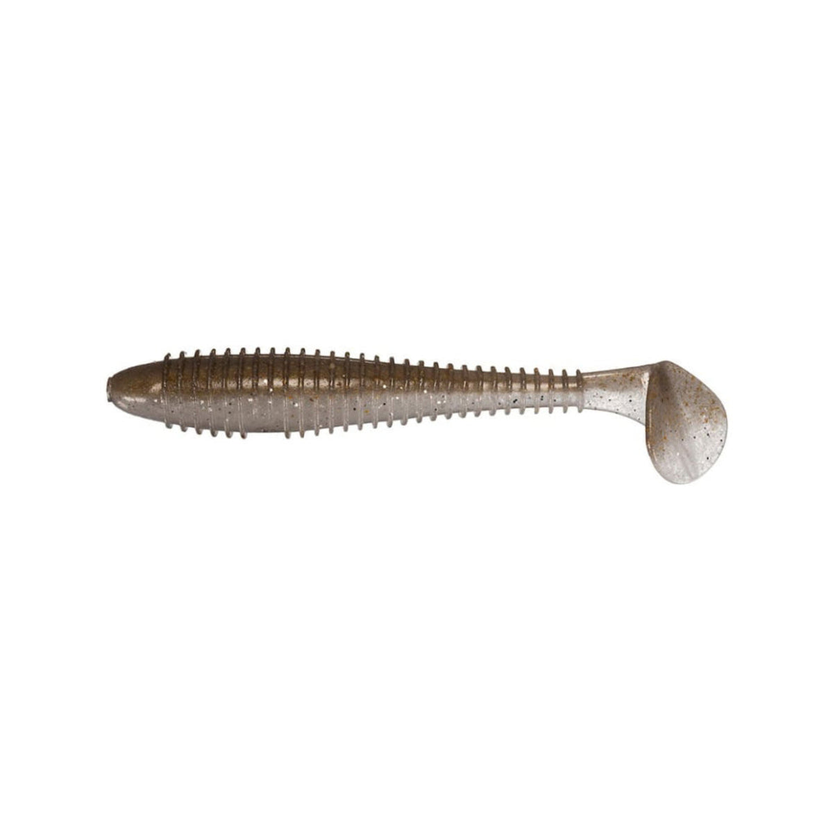 The Keitech Swing Impact Fat Swimbait 3.8" 6pk features a ribbed, tapered body and rounded paddle tail in a speckled brownish-gray, made from salted soft plastic for realistic action.