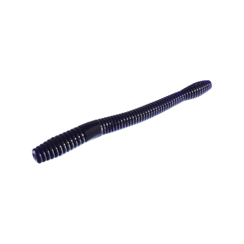 The Zoom Magnum Finesse Worm 5" 10pk by Zoom is a flexible, dark-colored, ribbed plastic lure ideal for Texas rigs and targeting big bass, shown on a white background.