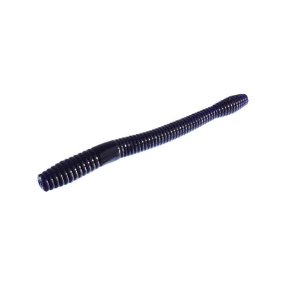 The Zoom Magnum Finesse Worm 5" 10pk by Zoom is a flexible, dark-colored, ribbed plastic lure ideal for Texas rigs and targeting big bass, shown on a white background.