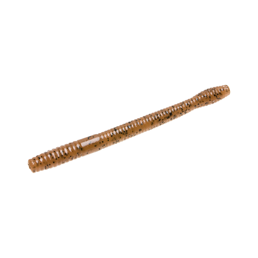 The Zoom Magnum Finesse Worm 5" 10pk by Zoom features a brown, ribbed, soft plastic lure with black specks—perfect for Texas rigs and attracting big bass—shown on a white background.