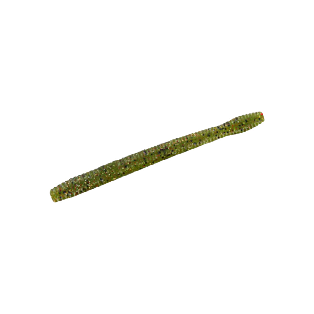 The Zoom Magnum Finesse Worm 5" 10pk by Zoom features soft green plastic with colorful flecks, shaped like a worm—perfect for Texas rigs and attracting big bass—shown on a white background.
