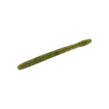 The Zoom Magnum Finesse Worm 5" 10pk by Zoom features soft green plastic with colorful flecks, shaped like a worm—perfect for Texas rigs and attracting big bass—shown on a white background.