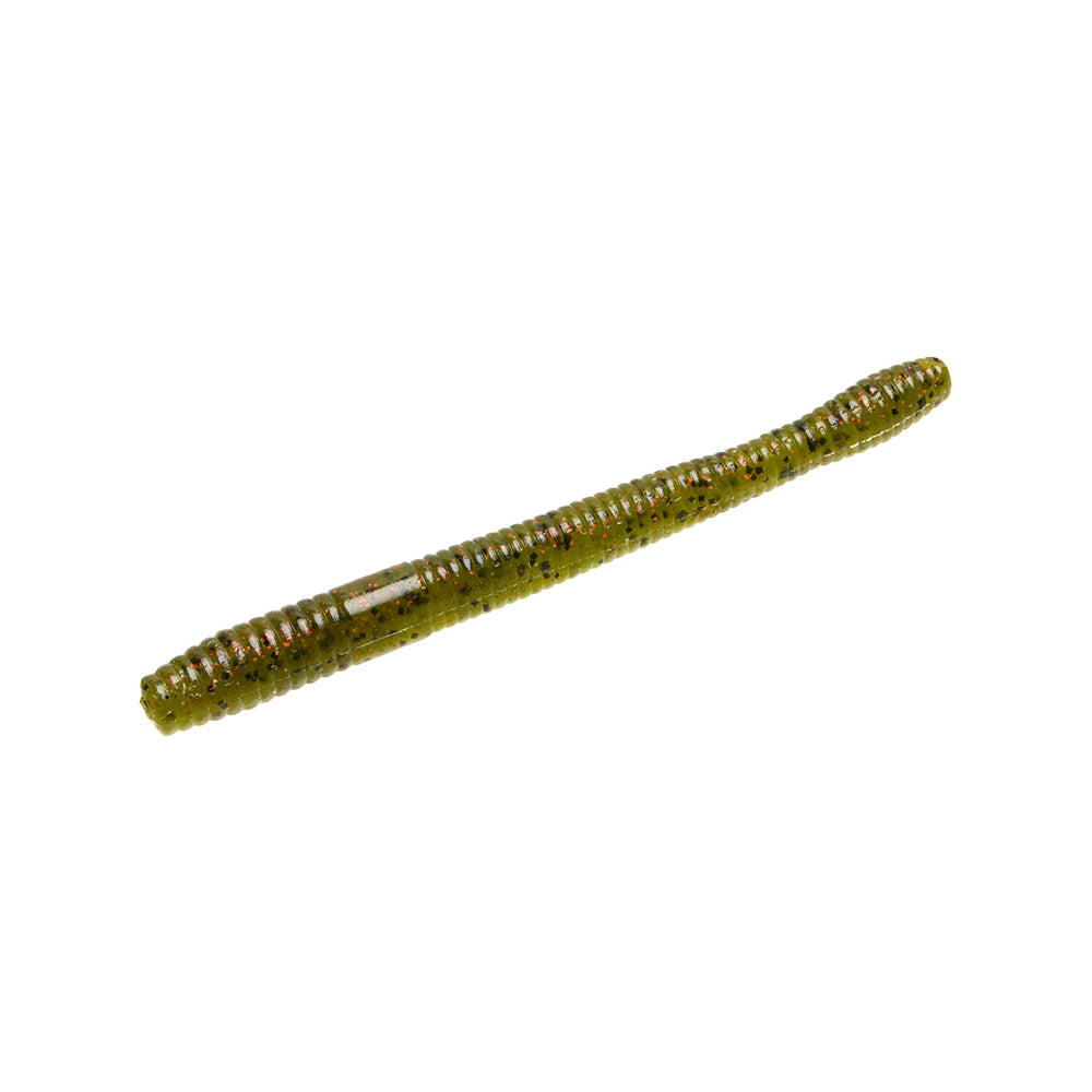 The Zoom Magnum Finesse Worm 5" 10pk by Zoom is a green, ribbed soft plastic lure with black and red speckles, ideal for targeting big bass on a Texas rig. Shown isolated on a white background.