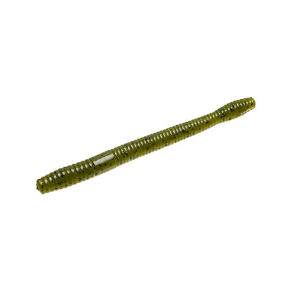The Zoom Magnum Finesse Worm 5" 10pk by Zoom is a green, ribbed lure with black specks—ideal for catching big bass on a Texas rig. Shown on a white background.