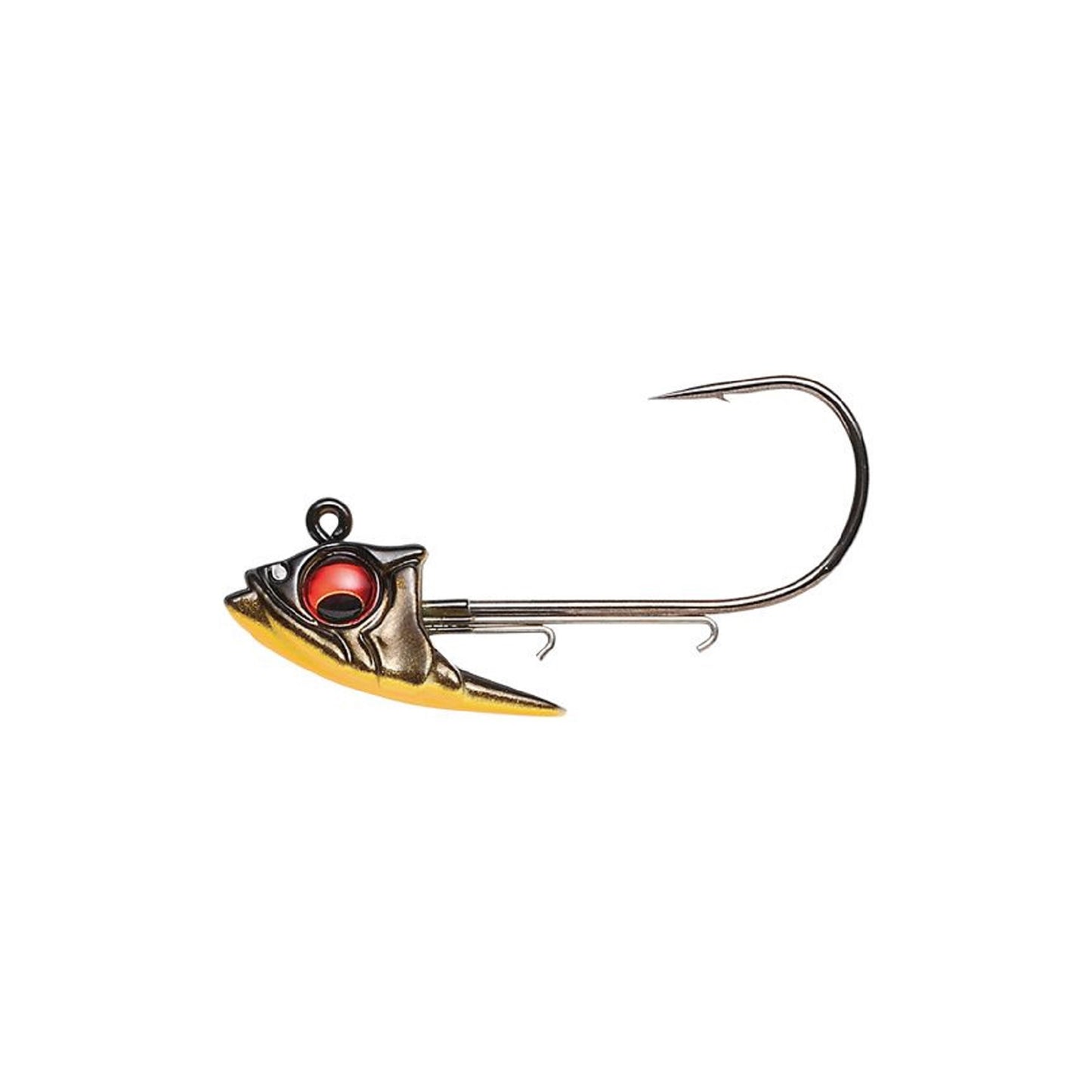 The Megabass Body Balance Swimbait Jighead by Megabass features a fish-shaped design with a metallic gold and bronze finish, prominent red eye, and curved hook—perfect for targeting big bass as a swimbait jighead.