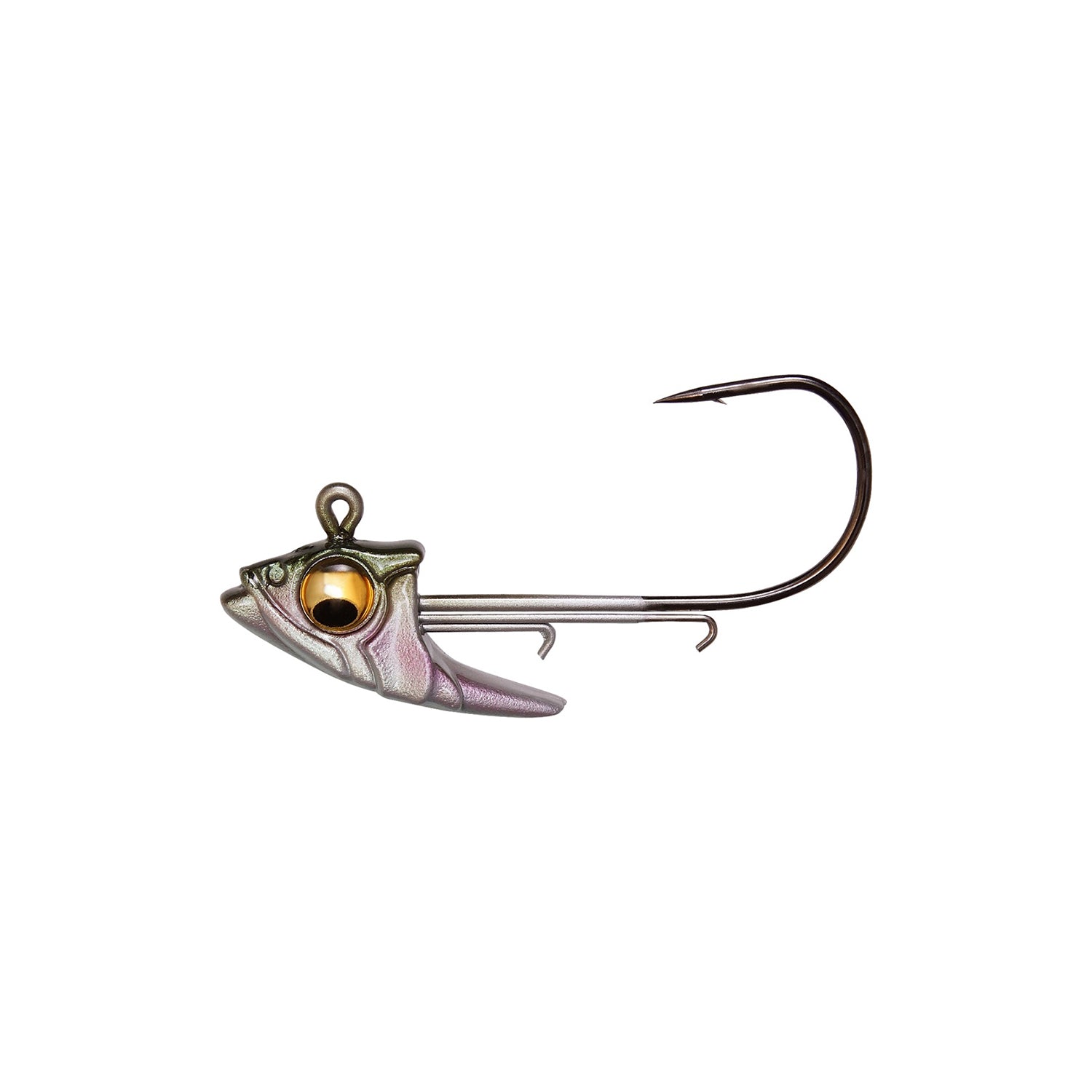 The Megabass Body Balance Swimbait Jighead by Megabass features a fish-head design with a large golden eye, a line attachment loop, stable Body Balance construction, and a single curved hook to attract big bass.
