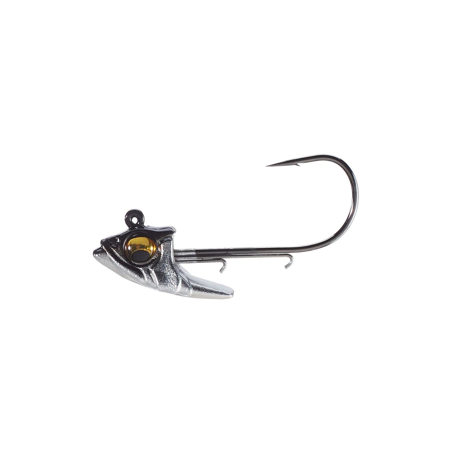 The Megabass Body Balance Swimbait Jighead features a silver fish-shaped design, realistic yellow eye, sharp single hook, and an extra small barb—ideal for big bass—shown against a white background. Brand: Megabass.
