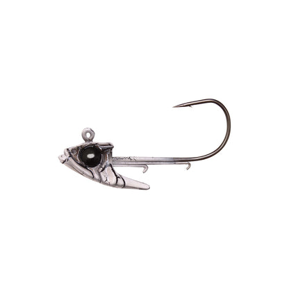 The Megabass Body Balance Swimbait Jighead by Megabass is a silver, fish-shaped jighead with a detailed design, prominent black eye, and curved hook—ideal for landing big bass.