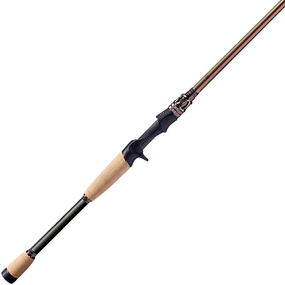 The Megabass Evoluzion Casting Rod Elseil 6'10" Medium+ | F4.1/2-610ti features a Super Titanium shaft, cork handle, and black reel seat—ideal for fast-moving lure presentations and shown diagonally on a white background.