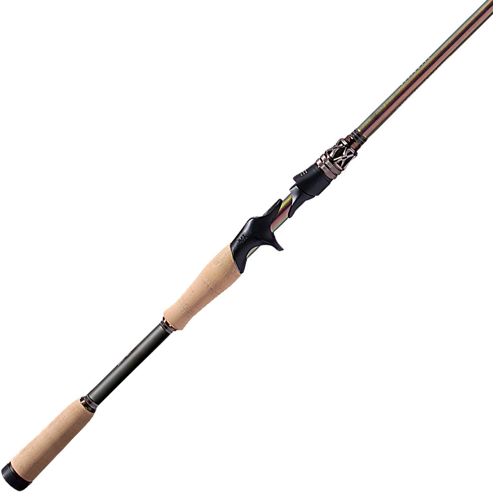 The Megabass Evoluzion Casting Rod The Destruction 7'2" XH | F7-72ti, with a cork handle, black reel seat, and Super Titanium Hybrid Shaft, designed for big-bait techniques, is shown against a white background.