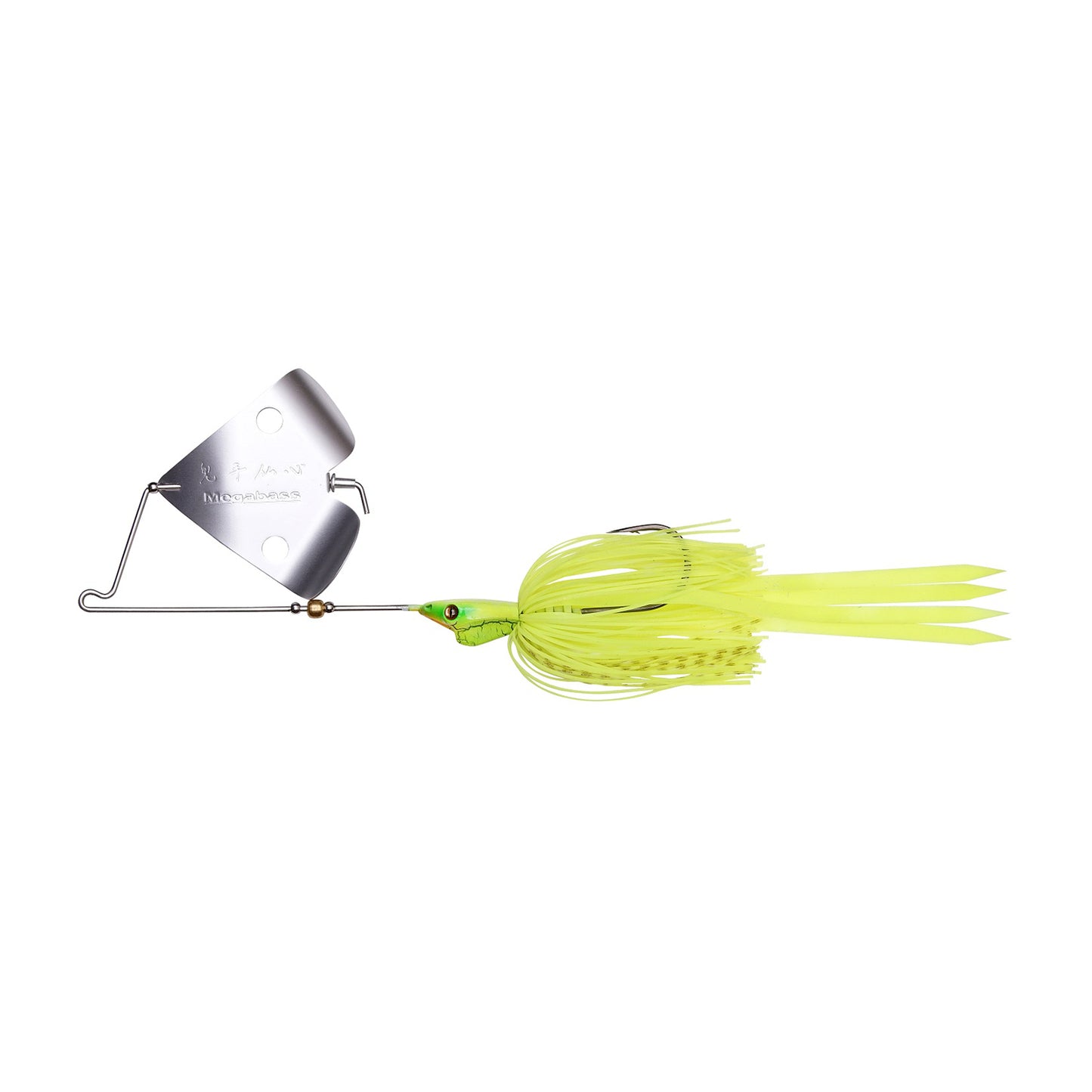 The Megabass Jamaica Boa Buzz Bait by Megabass is a chartreuse lure with a skirted body, metal spinner blade, hidden hook, and bent wire arm—perfect for attracting bass.