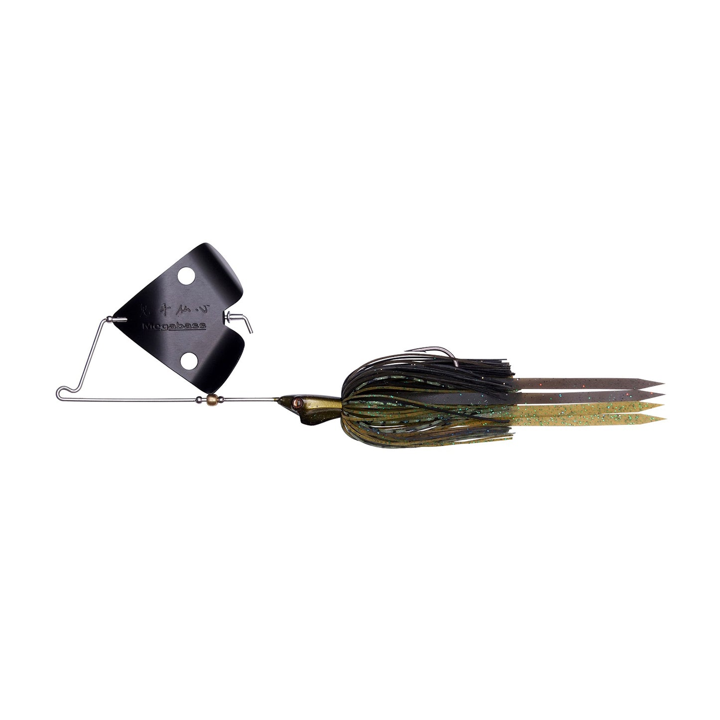 The Megabass Jamaica Boa Buzz Bait by Megabass features a black and olive green skirted body, metal blade, and dual tails to mimic baitfish and attract predatory fish, making it ideal for bass fishing.