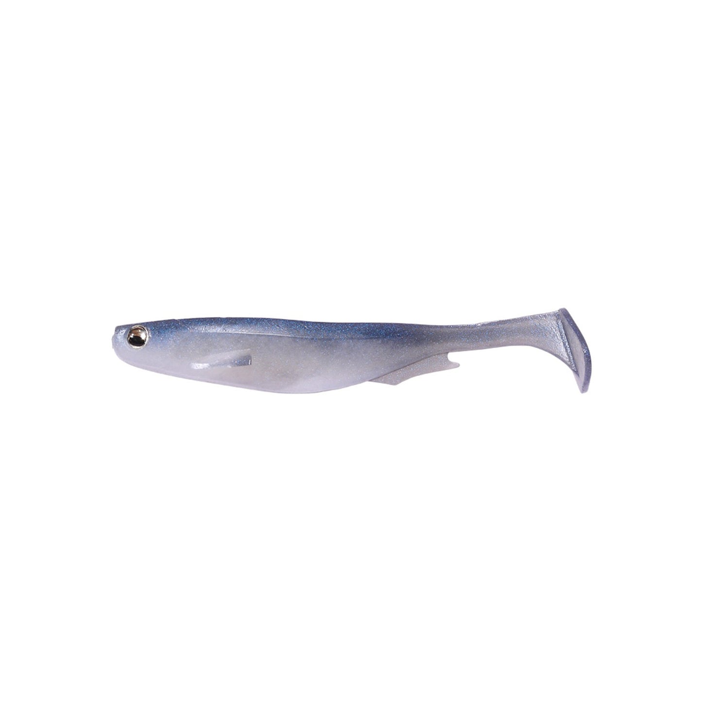 The Megabass Spark Shad Swimbait by Megabass features a soft plastic, fish-shaped body with a single underside fin, large eye, and blue-gray to white coloring for a natural look.