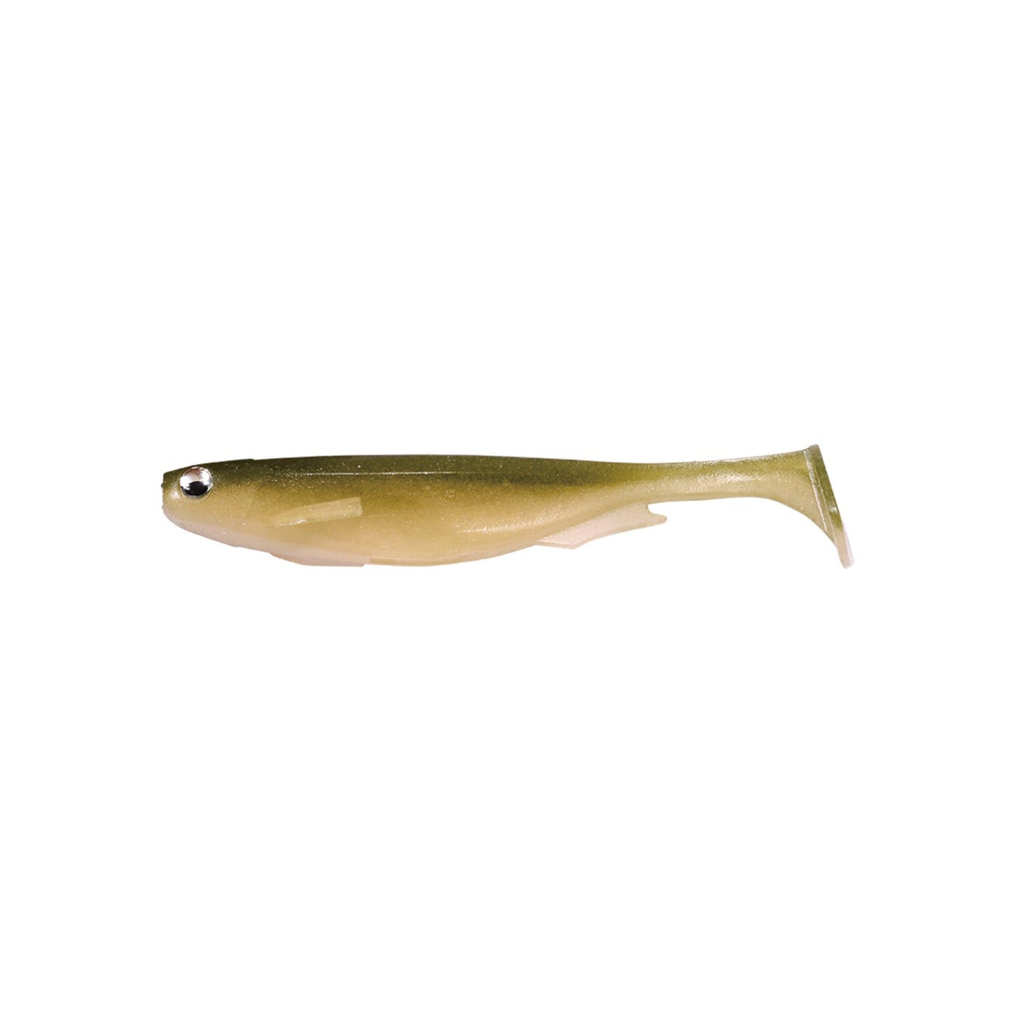 The Megabass Spark Shad Swimbait by Megabass is a soft plastic lure shaped like a small fish with a greenish-brown back, light underside, and paddle tail, shown isolated on a white background.
