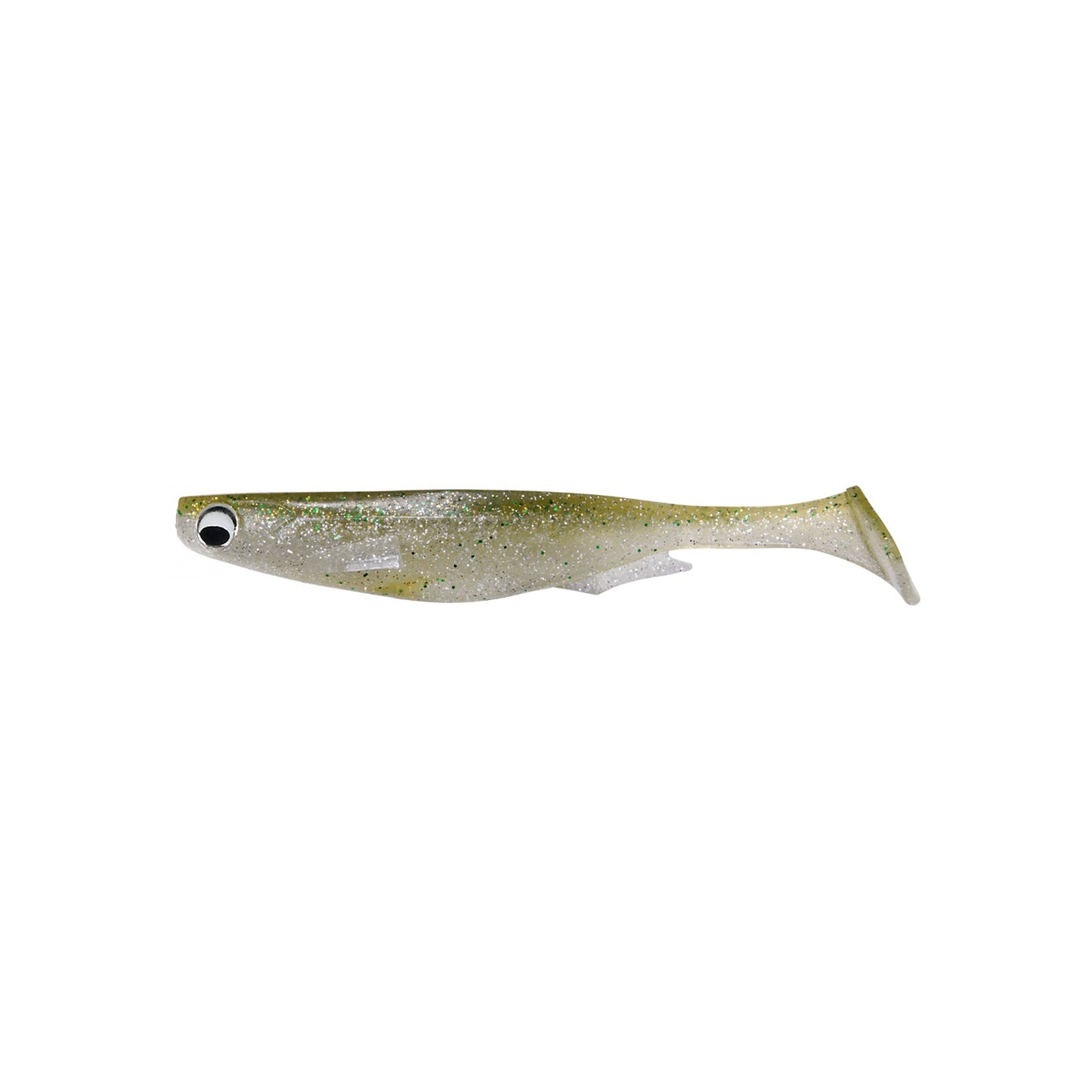 The Megabass Spark Shad Swimbait, by Megabass, features a lifelike fish shape with a green back, white belly, black eye, and sparkling glitter—ideal for anglers seeking realistic bait action.