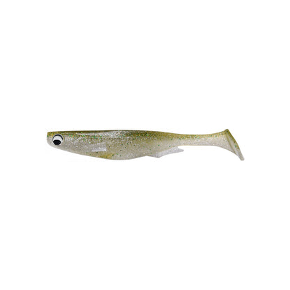 The Megabass Spark Shad Swimbait, by Megabass, features a lifelike fish shape with a green back, white belly, black eye, and sparkling glitter—ideal for anglers seeking realistic bait action.