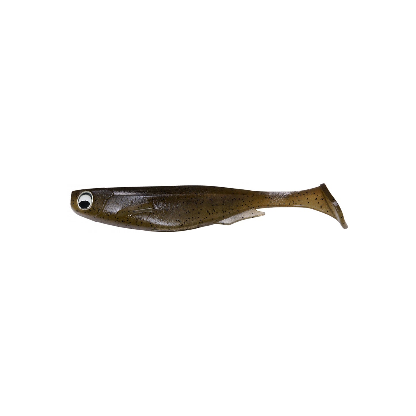 The Megabass Spark Shad Swimbait by Megabass is a brown, soft plastic lure shaped like a small fish with a paddle tail and large round eye, displayed on a plain white background.