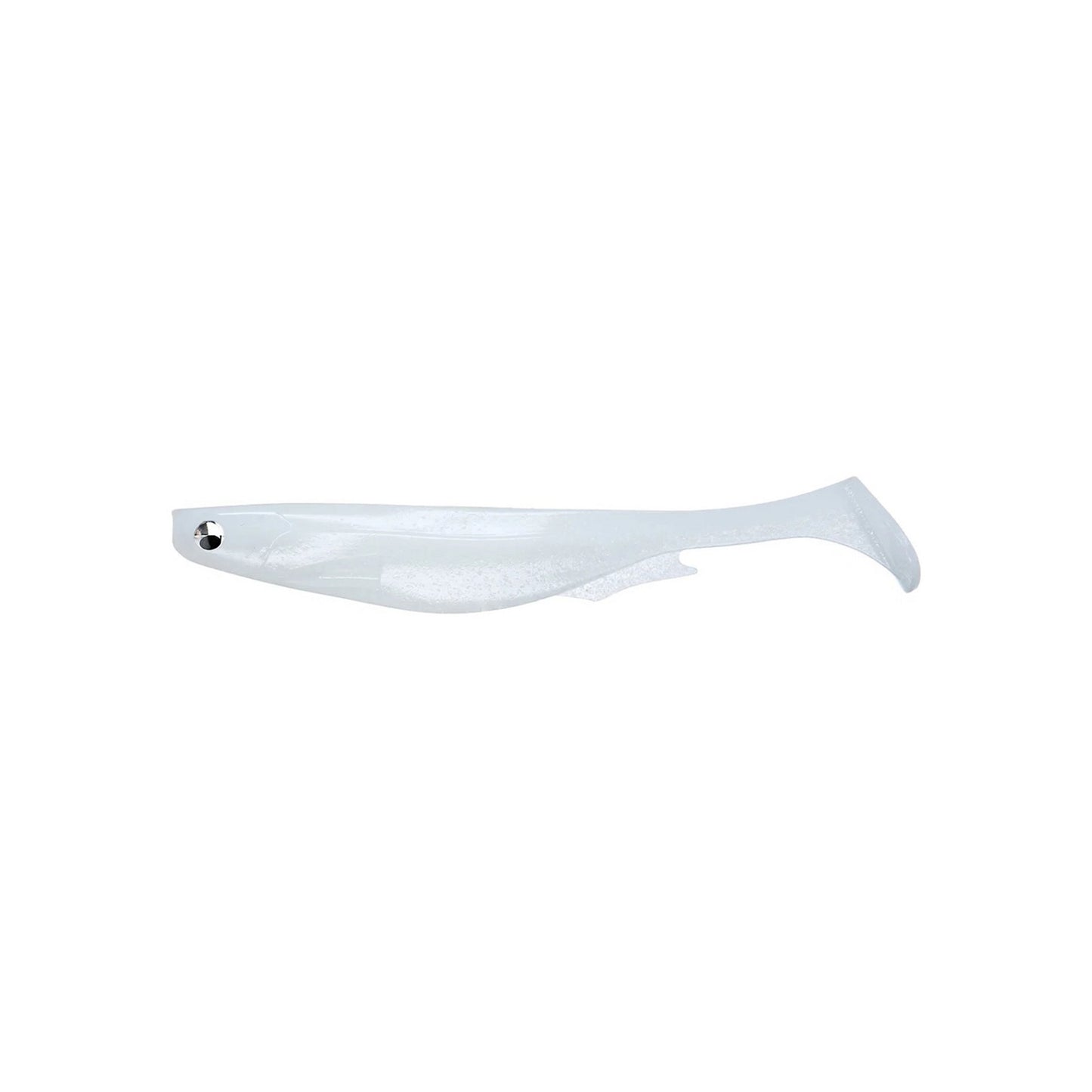 The Megabass Spark Shad Swimbait by Megabass is a soft plastic bait shaped like a small fish, featuring a translucent white body, paddle tail, and a single black and white eye.