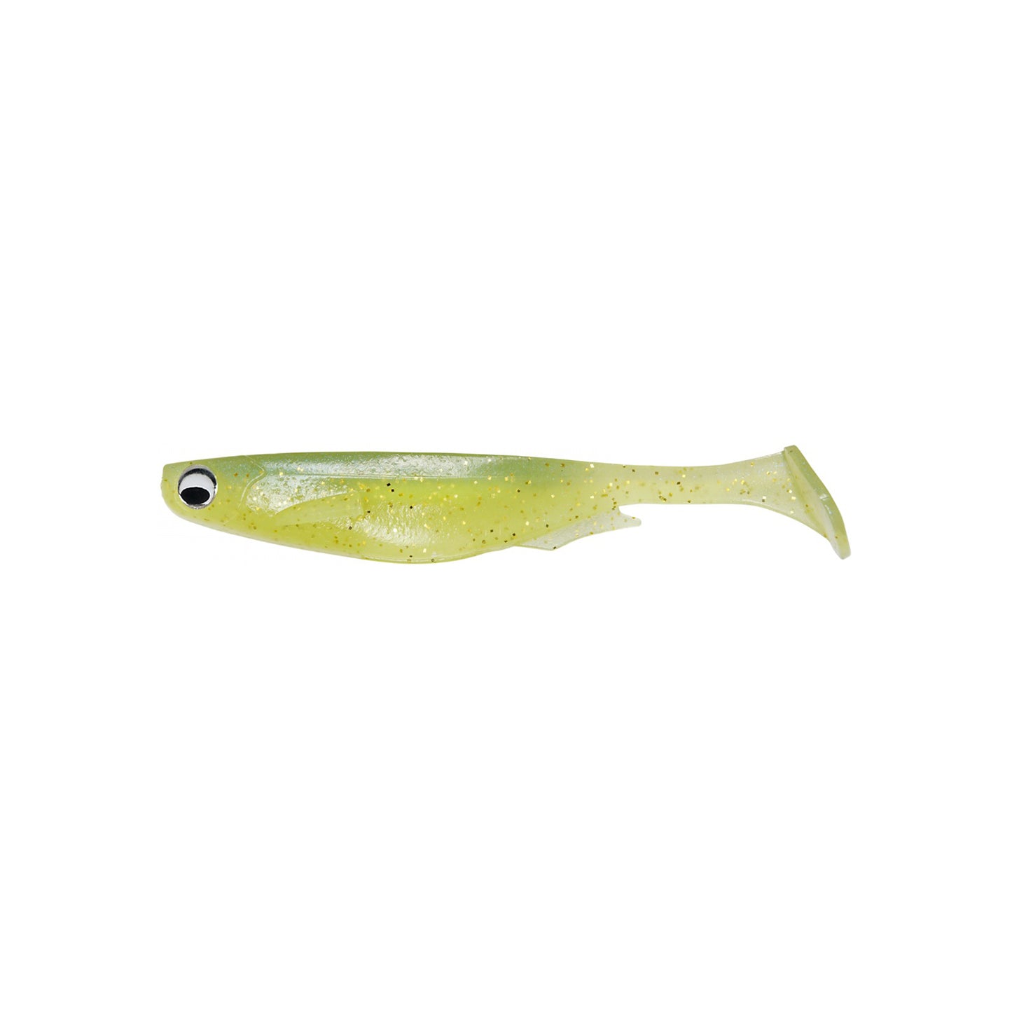 The Megabass Spark Shad Swimbait by Megabass is a soft plastic lure shaped like a small fish, featuring a greenish-yellow body, large black and white eye, and paddle tail, displayed on a white background.