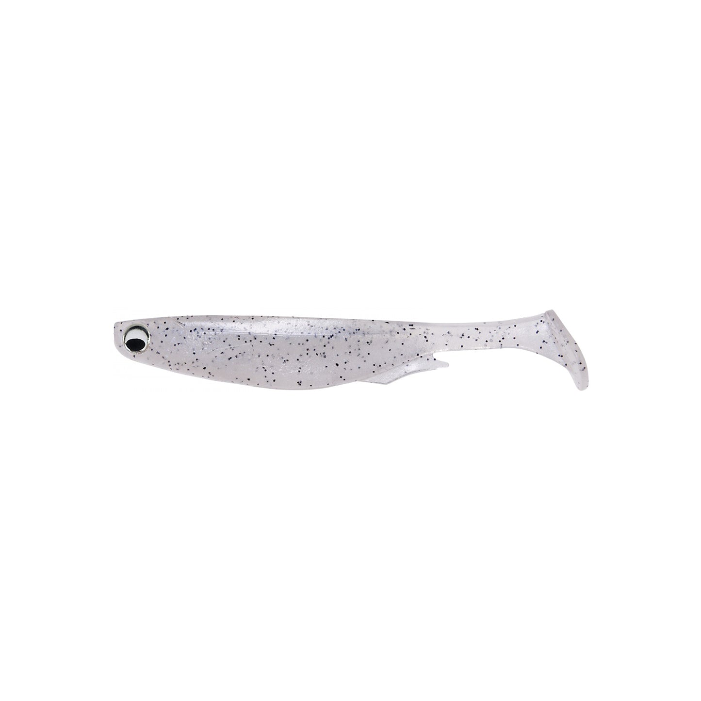 The Megabass Spark Shad Swimbait by Megabass is a soft plastic lure shaped like a small fish, with a silver-gray body, black speckles, and paddle tail, shown on a white background.