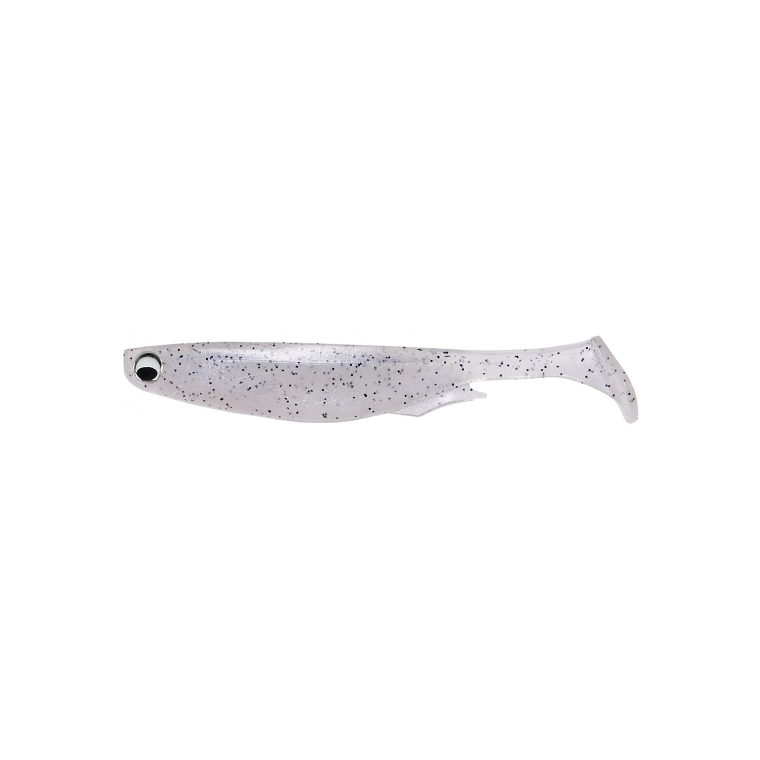 The Megabass Spark Shad Swimbait by Megabass is a soft plastic lure shaped like a small fish, with a silver-gray body, black speckles, and paddle tail, shown on a white background.