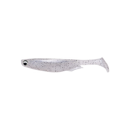 The Megabass Spark Shad Swimbait by Megabass is a soft plastic lure shaped like a small fish, with a silver-gray body, black speckles, and paddle tail, shown on a white background.