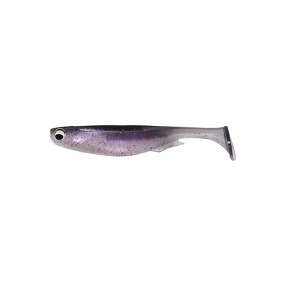 The Megabass Spark Shad Swimbait by Megabass is a soft plastic bait shaped like a small fish, featuring a purple and gray body, black spots, paddle tail, and lifelike eye design.