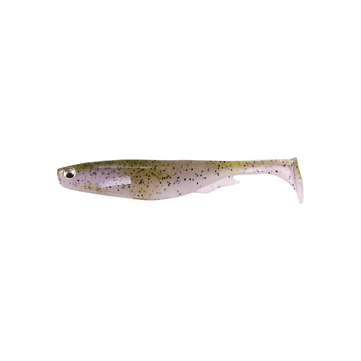 The Megabass Spark Shad Swimbait is a soft plastic paddle tail bait shaped like a small fish, with light green coloring, black speckled top, white belly, and artificial eye.