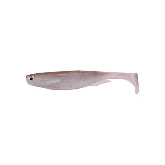 The Megabass Spark Shad Swimbait by Megabass is a light brown, translucent soft plastic lure shaped like a small fish, featuring a paddle tail and black and white eye detail, shown on a white background.