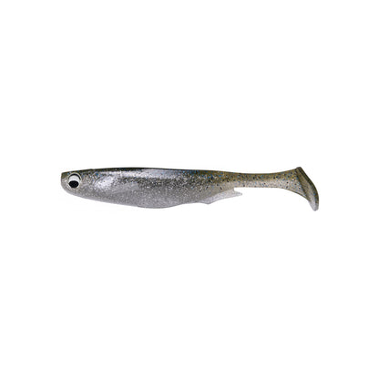 The Megabass Spark Shad Swimbait, by Megabass, is a realistic silver and gray lure with a large eye and paddle tail, shaped like a small fish and displayed on a plain white background.