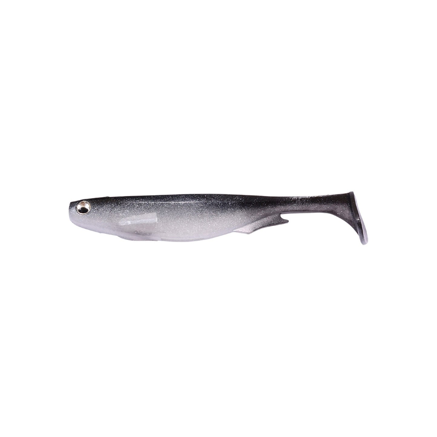The Megabass Spark Shad Swimbait by Megabass features a silver-gray body, dark back, single fin, and lifelike eye—expertly designed to imitate small fish prey on a plain white background.