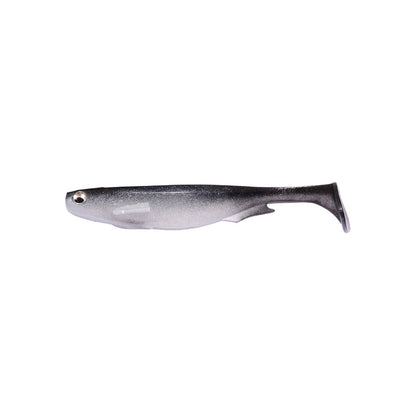 The Megabass Spark Shad Swimbait by Megabass features a silver-gray body, dark back, single fin, and lifelike eye—expertly designed to imitate small fish prey on a plain white background.