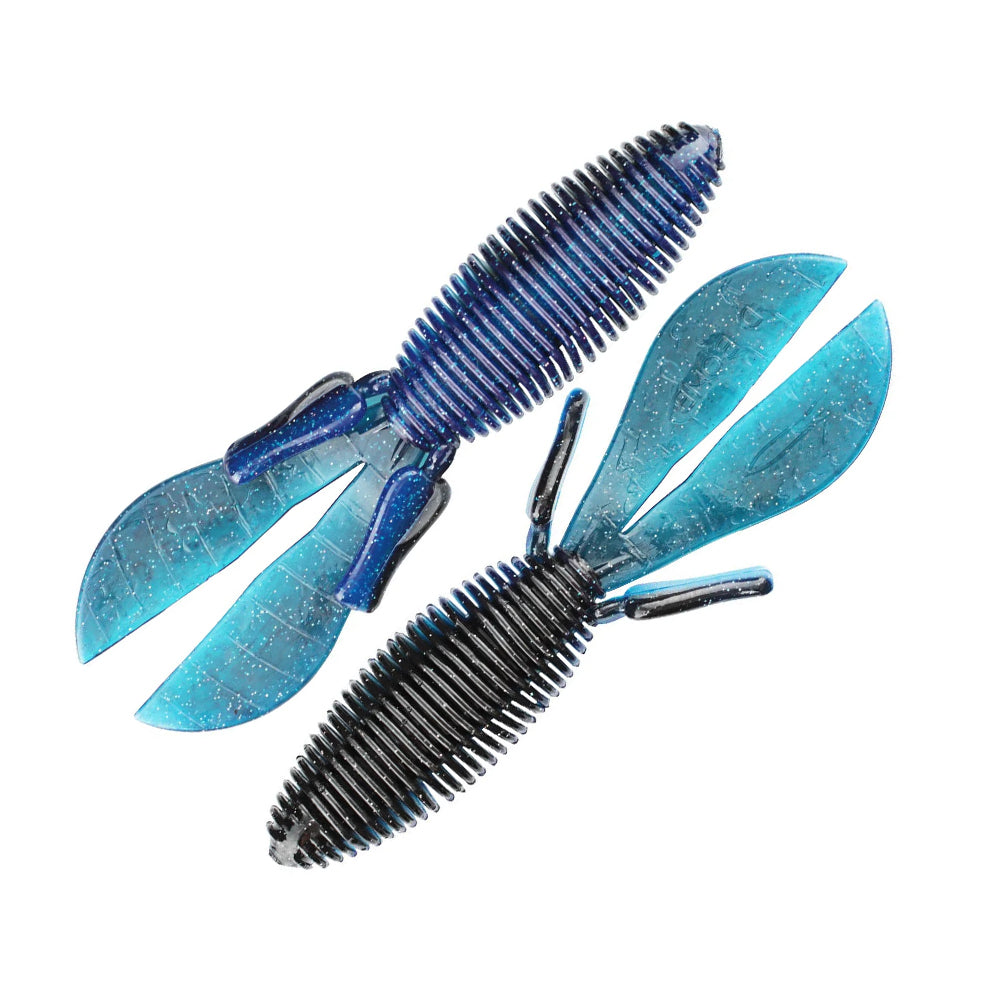 Two Missile Baits Baby D Bomb 3.65" soft plastic lures, in ribbed black and blue with translucent blue claws, resemble crawfish and are ideal for flipping or finesse fishing, shown on a white background.