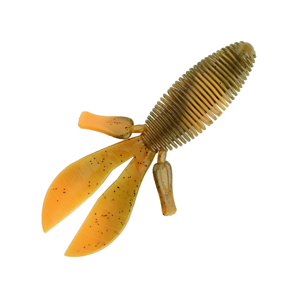 The Missile Baits Baby D Bomb 3.65" 7pk by Missile Baits is a soft plastic flipping bait with an oval ribbed body and four flexible appendages, ideal for finesse fishing in brown-orange with black speckles.
