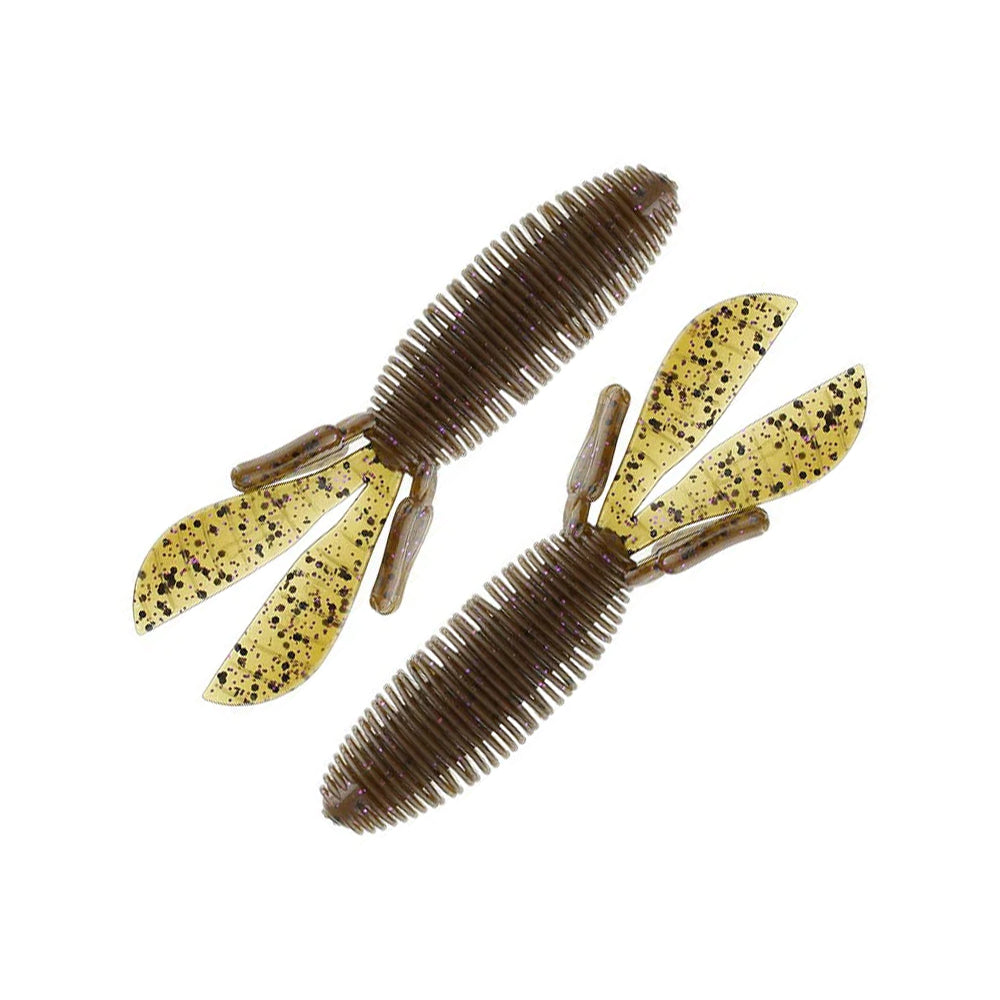 Two Missile Baits Baby D Bomb 3.65" soft plastics by Missile Baits, featuring ribbed brown bodies and yellow speckled twin tails resembling larvae, are shown on a white background—ideal for finesse fishing.