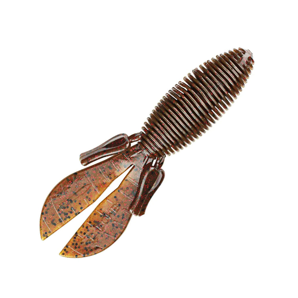 The Missile Baits Baby D Bomb 3.65" (7pk) is a brown, ribbed, soft plastic flipping bait with two large paddle tails and side appendages, designed to mimic a crawfish or aquatic creature. Shown on a white background.