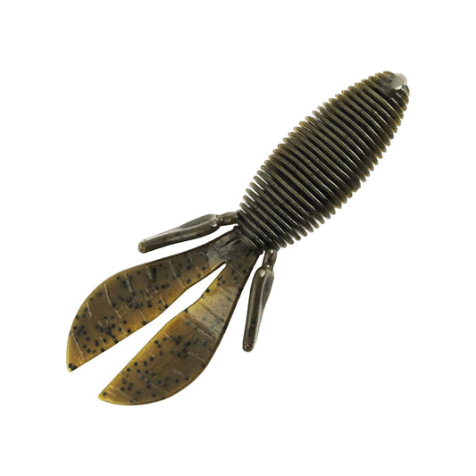 The Missile Baits Baby D Bomb 3.65" 7pk is a soft plastic lure with a ribbed body, two paddle tails, and side appendages—ideal as a flipping bait or for finesse fishing in dark brown-green with black speckles.