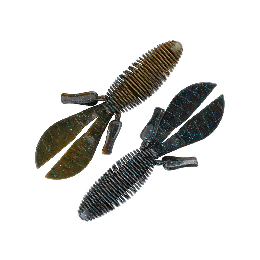 Two Missile Baits Baby D Bomb 3.65" soft plastics by Missile Baits—one olive green, one dark blue with specks—feature ribbed bodies and multiple appendages, making them ideal finesse flipping baits, displayed on a white background.