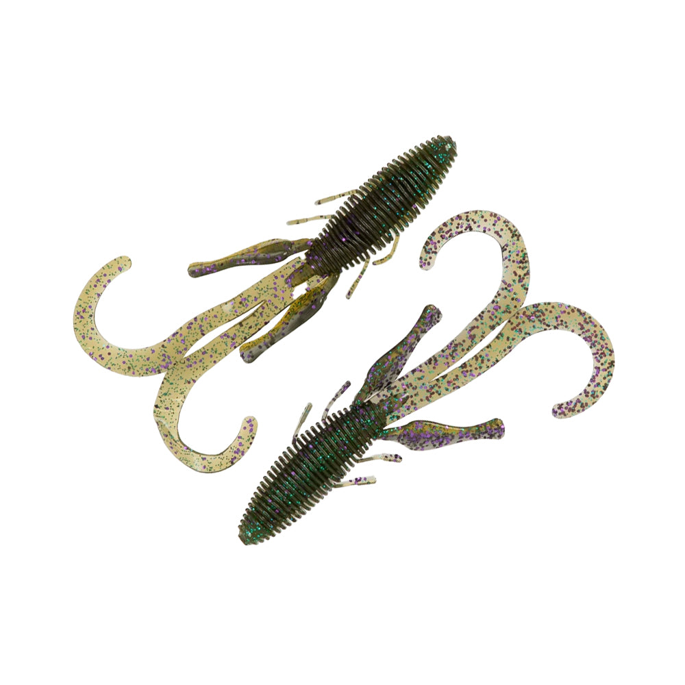 Two green and brown Missile Baits Baby D Stroyer 5" soft plastic lures with ribbed bodies, curly tails, and glitter accents are displayed on a white background.