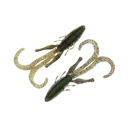 Two green and brown Missile Baits Baby D Stroyer 5" soft plastic lures with ribbed bodies, curly tails, and glitter accents are displayed on a white background.