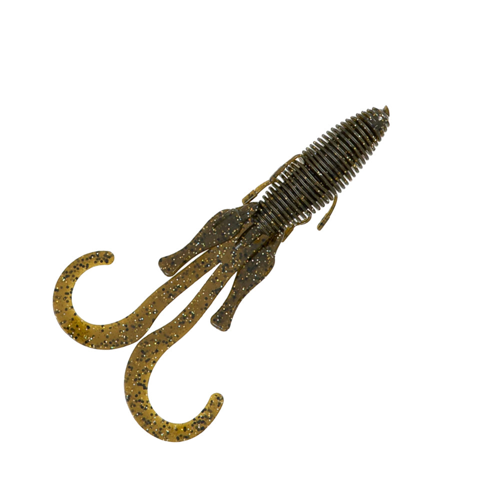 The Missile Baits D Stroyer by Missile Baits is a soft plastic lure shaped like a crawfish with a brown and black speckled body, ribbed segments, and curly appendages—perfect for Texas rigs or as beaver bait.