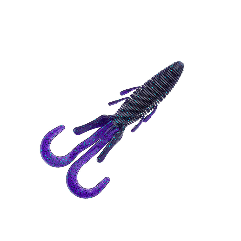 The Missile Baits Baby D Stroyer 5" by Missile Baits is a purple and blue speckled soft plastic lure with a beaver-style body, multiple legs, and two large curled tails; comes in a 10 pack.