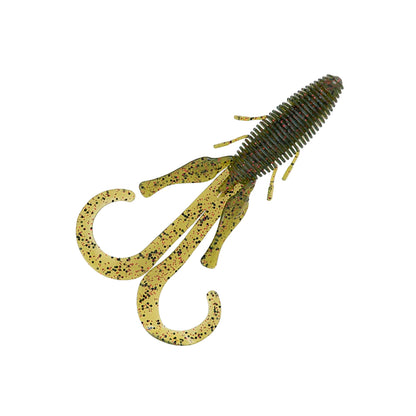 The Missile Baits Baby D Stroyer 5" by Missile Baits is a green and yellow fishing lure with a ribbed body, two long curly tails, and small appendages speckled with black and red—ideal downsized beaver bait on a white background.