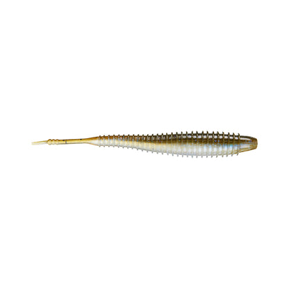 The Missile Baits Spunk Shad by Missile Baits is a soft plastic pintail swimbait with a ribbed body and tapered tail, in translucent gold with a shiny finish, shaped like a small fish and shown on a white background.