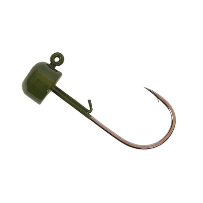 A close-up of the Owner Block Head Jig Head by Owner, featuring a round green head, top line tie, and sharp curved hook—ideal for stick baits or Ned Rig setups.