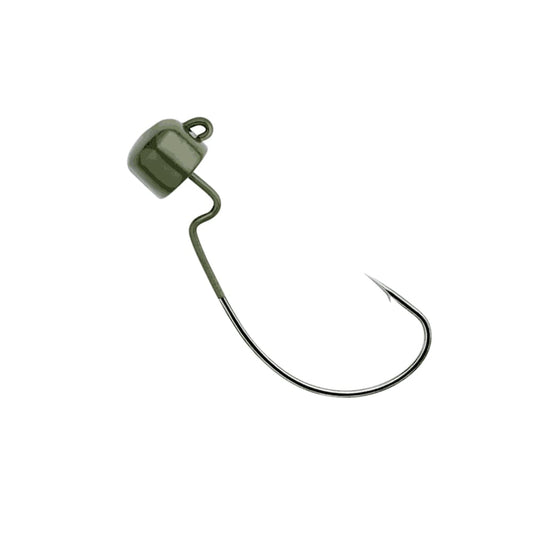 A "green, weedless" Owner Block Head Offset Jig Head by Owner is depicted on a white background, featuring a curved design with a bullet-shaped head and sharp barb, perfect for bass fishing in weedy waters.